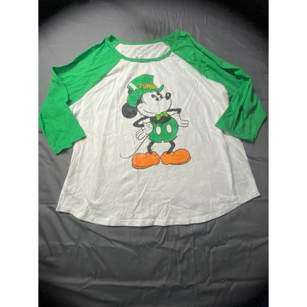 Disney Mickey Mouse St Patrick's Day Raglan Shirt Women's 1X Green White Lucky G